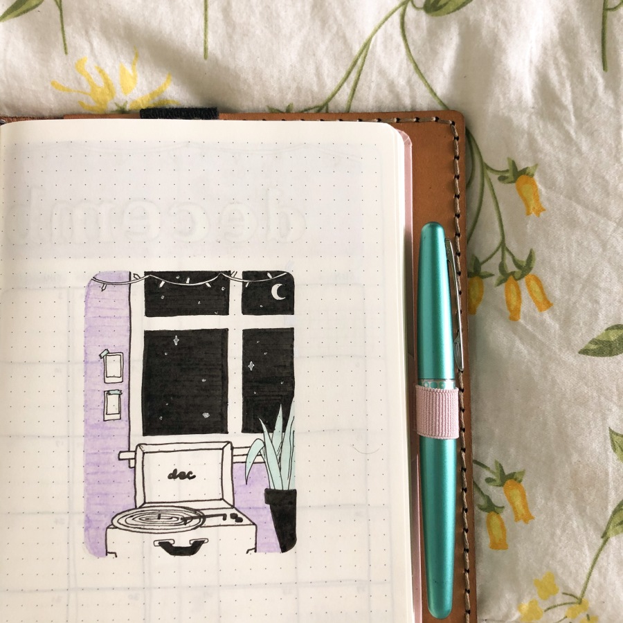 December bullet journal cover page, with a drawing of a record player and a window to a starry night on a purple wall